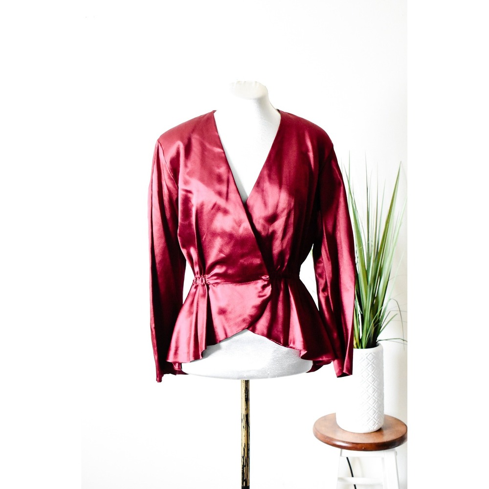 Handmade Satin Wrap Top Women M Burgundy 80s Peplum V-Neck Long Sleeve Blouse